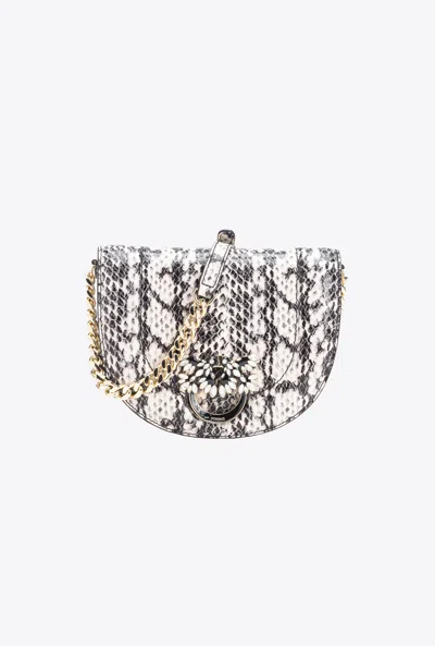 Pinko Galleria Mini Love Bag Click Round In Reptile-print Leather In Blanc/noir-or Clair