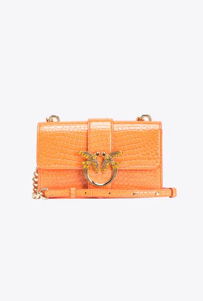 Pinko Galleria Mini Love Bag One In Shiny Coloured Crocodile-print Leather In Arancione-light Gold