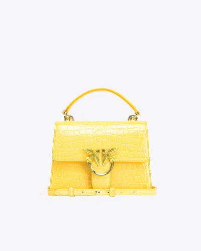 Pinko Galleria Mini Love Bag One Top Handle Light In Shiny Croc-print Leather In Jaune Soleil-or Clair