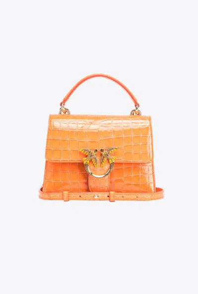 Pinko Galleria Mini Love Bag One Top Handle Light In Shiny Croc-print Leather In Orange-light Gold