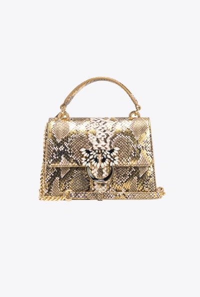 Pinko Galleria Mini Love Bag Top Handle Light In Laminated Reptile-print Leather In Gold