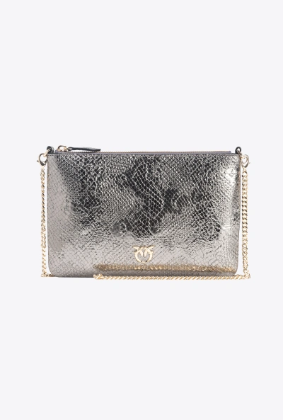 Pinko Galleria Punched Reptile-print Classic Flat Love Bag In Charcoal-light Gold