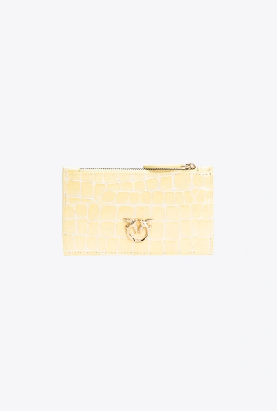 Pinko Galleria Shiny Croc-print Card Holder In Hay-light Gold