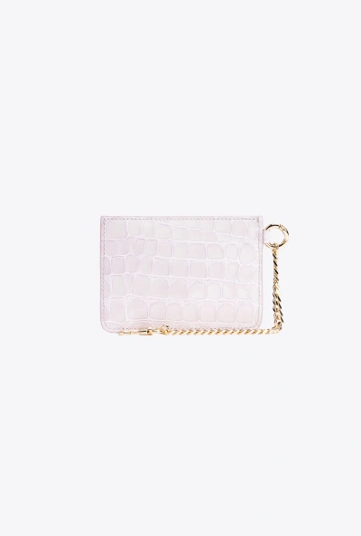 Pinko Galleria Shiny Croc-print Card Holder With Chain In Lilac-light Gold