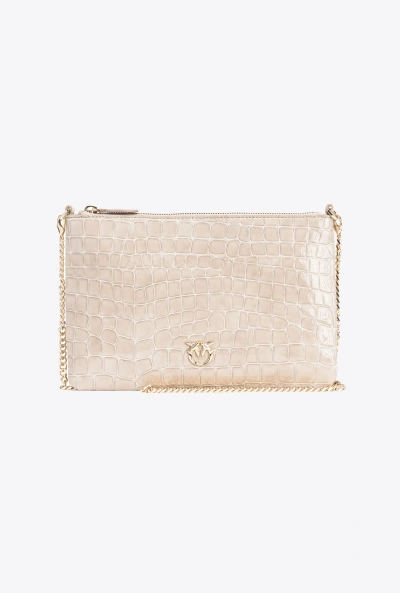 Pinko Galleria Shiny Croc-print Classic Flat Love Bag In Sand-light Gold