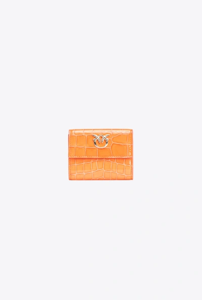 Pinko Galleria Small Wallet In Shiny Coloured Crocodile-print Leather In Orange-light Gold