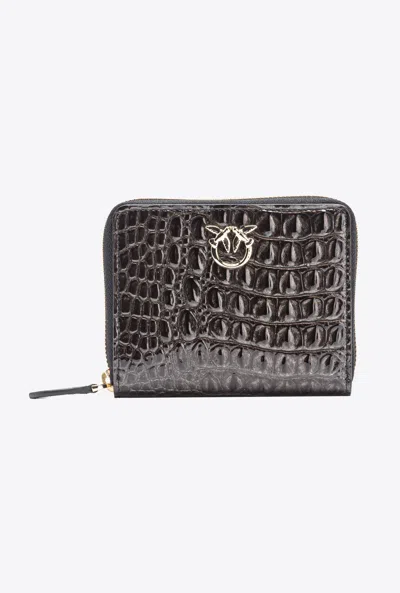 Pinko Galleria Square Wallet In Glossy Crocodile Leather In Noir-or Clair