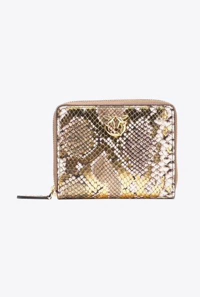 Pinko Galleria Square Wallet With Laminated Python Print In Or/gris-or