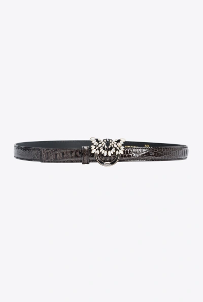 Pinko Galleria Thin 2cm Croc-print Belt With Love Birds Buckle In Black-light Gold