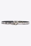 Pinko Galleria Thin 2cm Reptile-print Belt With Love Birds Buckle In White/black-light Gold
