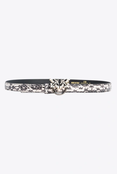 Pinko Galleria Thin 2cm Reptile-print Belt With Love Birds Buckle In White/black-light Gold