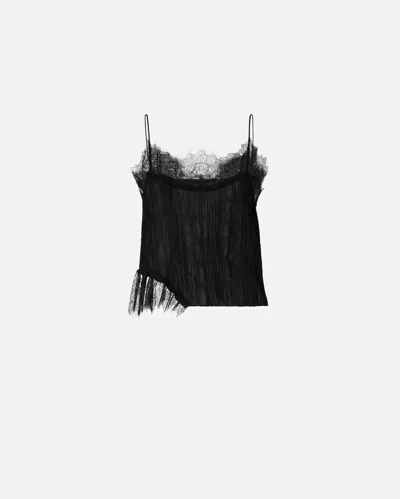 Pinko Gathered Georgette Top With Lace In Limo Black