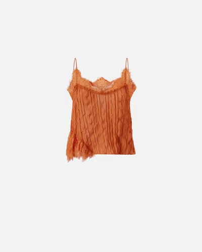 Pinko Gathered Georgette Top With Lace In Marron Cuir