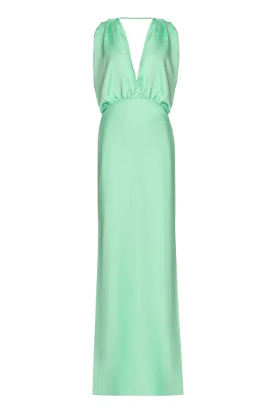 Pinko Gathered Green Satin Dress With Open Back For Women
