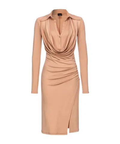 Pinko Gathered Long-sleeved Draped Midi Dress In Nude