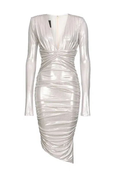 Pinko Gathered Metallic Midi Dress In White