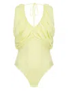 Pinko Gathered V-neck Bodysuit With Back Drawstring In Yellow