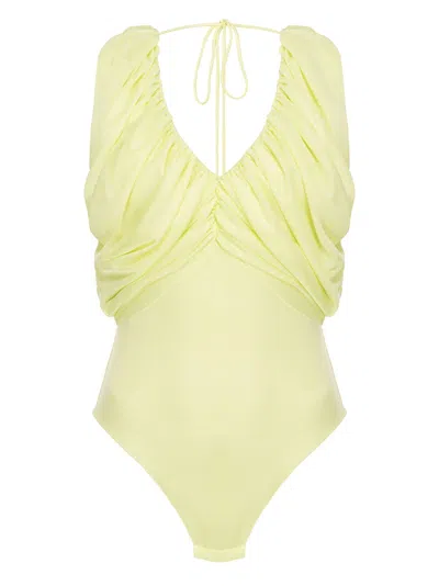 Pinko Gathered V-neck Bodysuit With Back Drawstring In Yellow