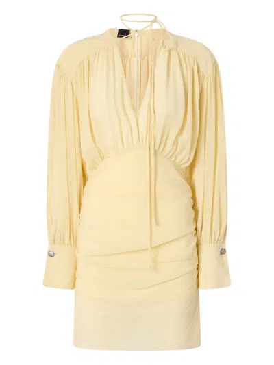 Pinko Gathered V-neck Dress In Yellow