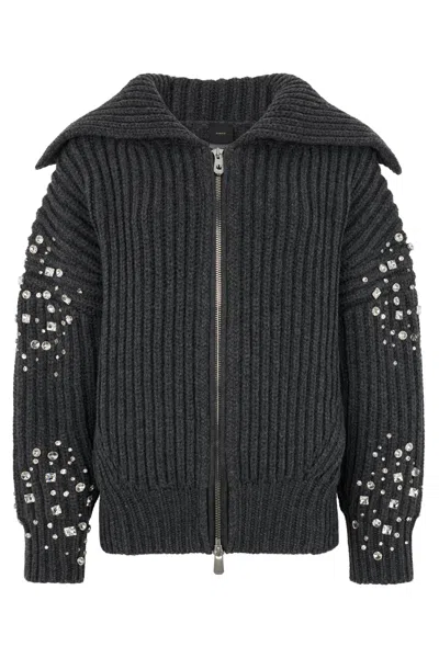 Pinko Gavi Wool-blend Cardigan With Rhinestone Accents In Gray