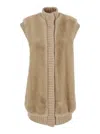 Pinko Genovese Beige Sleeveless Vest With High Neck And Ribbed Details In Ecofur Woman In Multi
