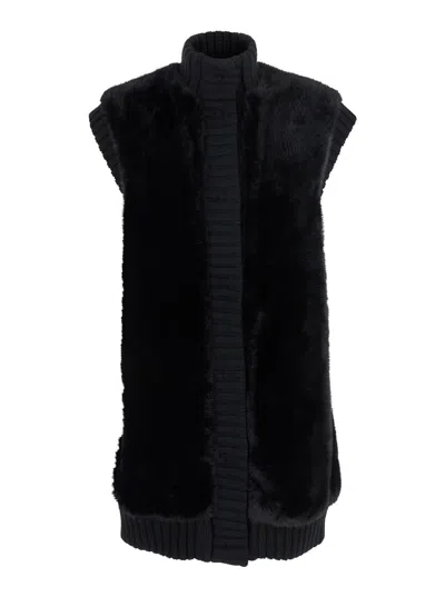 PINKO 'GENOVESE' BLACK SLEEVELESS VEST WITH HIGH NECK AND RIBBED DETAILS  IN ECOFUR WOMAN