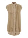 Pinko Genovese Beige Sleeveless Vest With High Neck And Ribbed Details In Ecofur Woman In Neutral
