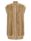 Pinko Genovese Beige Sleeveless Vest With High Neck And Ribbed Details In Ecofur Woman In Neutral