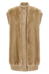 Pinko Genovese Beige Sleeveless Vest With High Neck And Ribbed Details In Ecofur Woman In Neutral