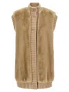 Pinko Genovese Beige Sleeveless Vest With High Neck And Ribbed Details In Ecofur Woman In Neutral