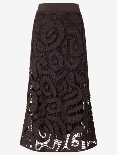 Pinko Geometric Crochet Midi Skirt In Viscose Blend In Brown