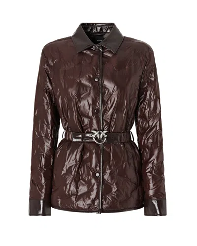 Pinko Technical Canvas Belted Down Jacket In Brown