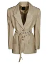 Pinko Emozioni Oversized Canvas Blazer Jacket With Belt In Beige