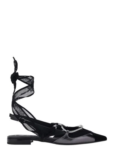 PINKO 'GIANIRA' BLACK BALLERINAS WITH POINTED TOE AND DECORATIVE ANKLE BAND IN LEATHER AND FABRIC BLEND WO