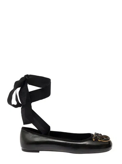 PINKO BLACK BALLERINAS WITH BLACK RIBBON IN LEATHER WOMAN
