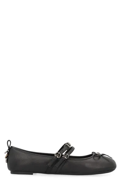 Pinko Nappa Leather Ballet Flats With Straps And Bow In Black
