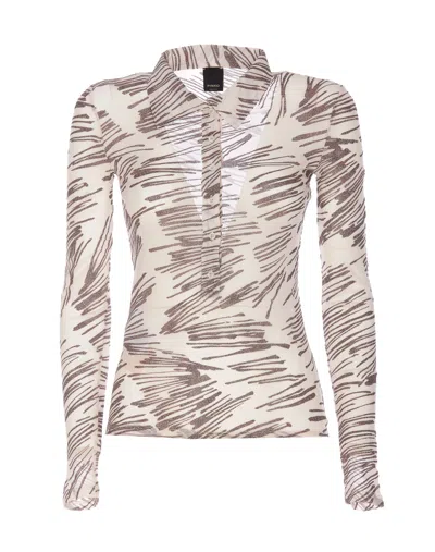 Pinko Glitter Print Long-sleeved Polo Shirt In White