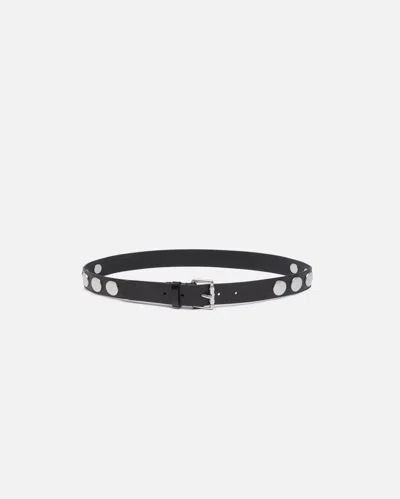 Pinko Glossy Leather Belt With Flat Studs In Noir-vieil Argent