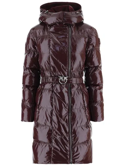 Pinko Glossy Quilted Down Coat With Decorative Bird Buckle In Burgundy