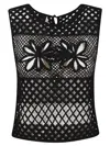 Pinko Black Top With Perforated Design And Diamond Motif And Floral Details In Black