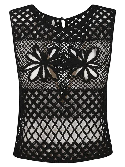 Pinko Black Top With Perforated Design And Diamond Motif And Floral Details