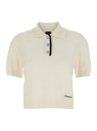 PINKO WHITE POLO SHIRT WITH LOGO PATCH ON THE FRONT AND RIBBED DETAILS IN WOOL WOMAN
