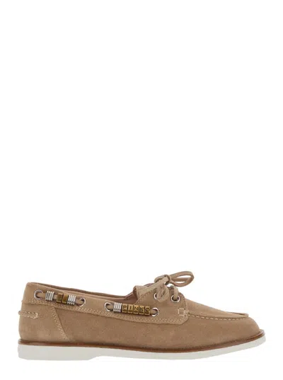 Pinko Grace Beige Loafers With Side Laces And Logo Details In Suede Woman In Multi
