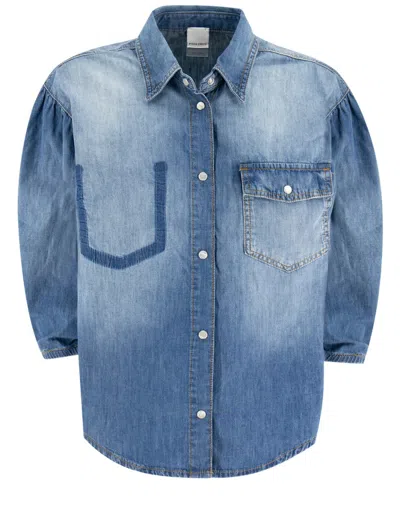 PINKO PINKO GRADIENT WASH DENIM SHIRT WITH PUFF SLEEVES