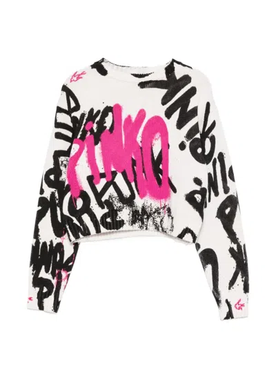 Pinko Kids' Graffiti-print Cropped Sweater In 白色