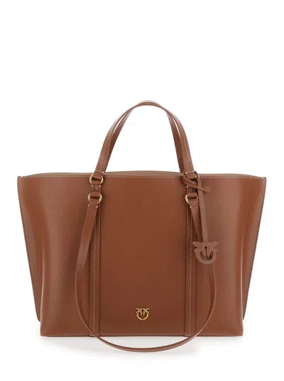 Pinko Grainy Leather Tote Bag With Logo Charm In Brown