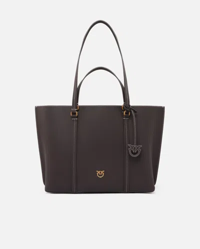 Pinko Large Leather Shopper Bag In Brown-antique Gold