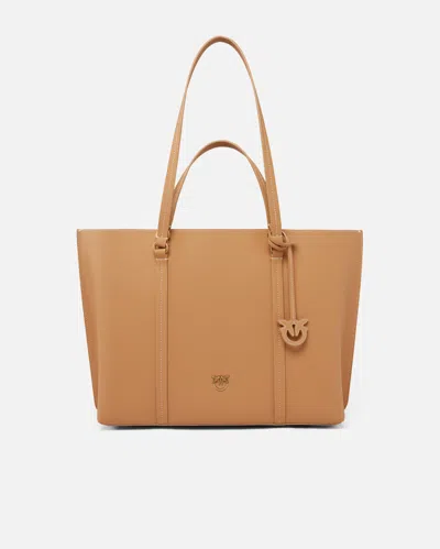 Pinko Large Leather Shopper Bag In Nougat-antique Gold