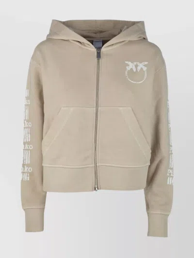 Pinko Graphic Print Hooded Kangaroo Pocket Knitwear In Beige