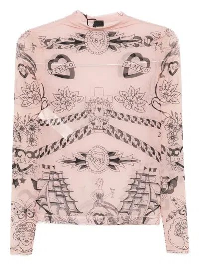 Pinko Graphic-print Mesh Top In Pink